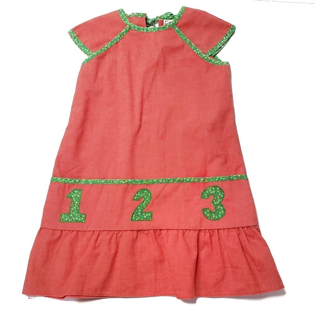 Vintage Cinderella Number Pocket Dress Girls 6X Washed Red Green Applique